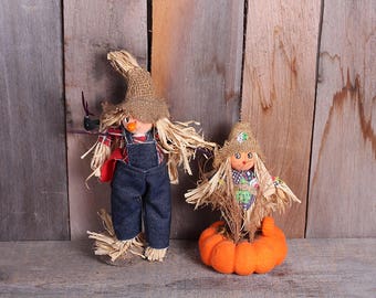 1980s Era Pair Floral Table Top Decor Vintage Scarecrow Displays Pumpkins Scarecrows Novelty Cute