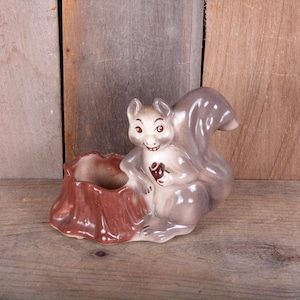 Vintage Glazed Ceramic Squirrel with Nut Near Stump Planter Novelty Planter