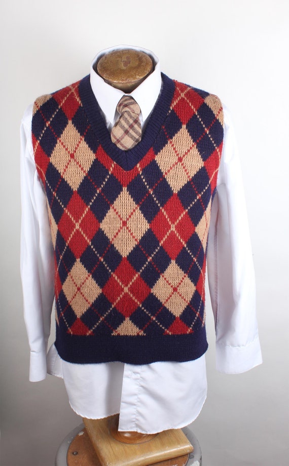 vintage ラグ カーペット、90年代、1994年製、ノアの方舟 宗教519 1980's Era Argyle Men's Vest Orange Navy V Neck Pullover