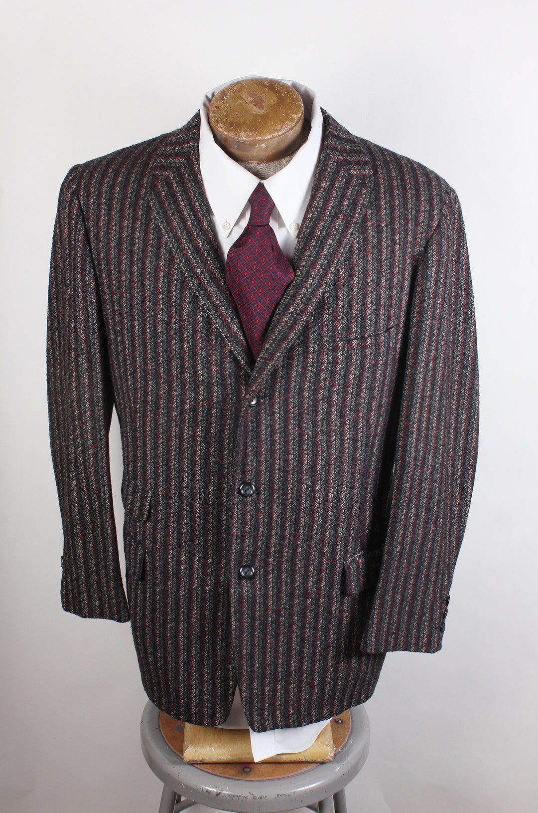 Vintage Mid Century Men's Wool Striped Knit Black Red Sport Coat Blazer ...