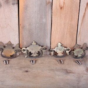 May include: Four antique brass drawer pulls with ornate designs and matching screws. The pulls are arranged in a row on a wooden surface.