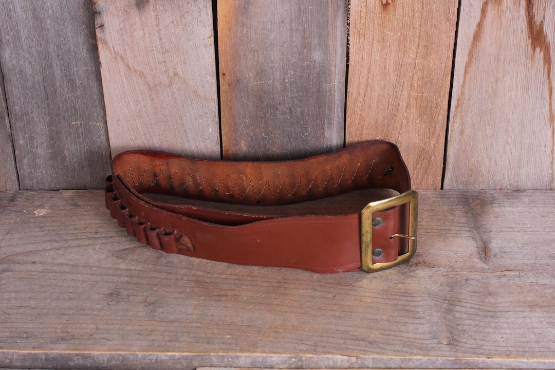 Vintage Men's Leather Bullet Belt Gun Belt Brass Buckle 26