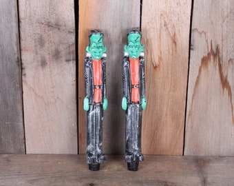 Vintage Pair Figural Halloween Spooky Frankenstein Candlesticks Unused Decor Dime Store Novelty