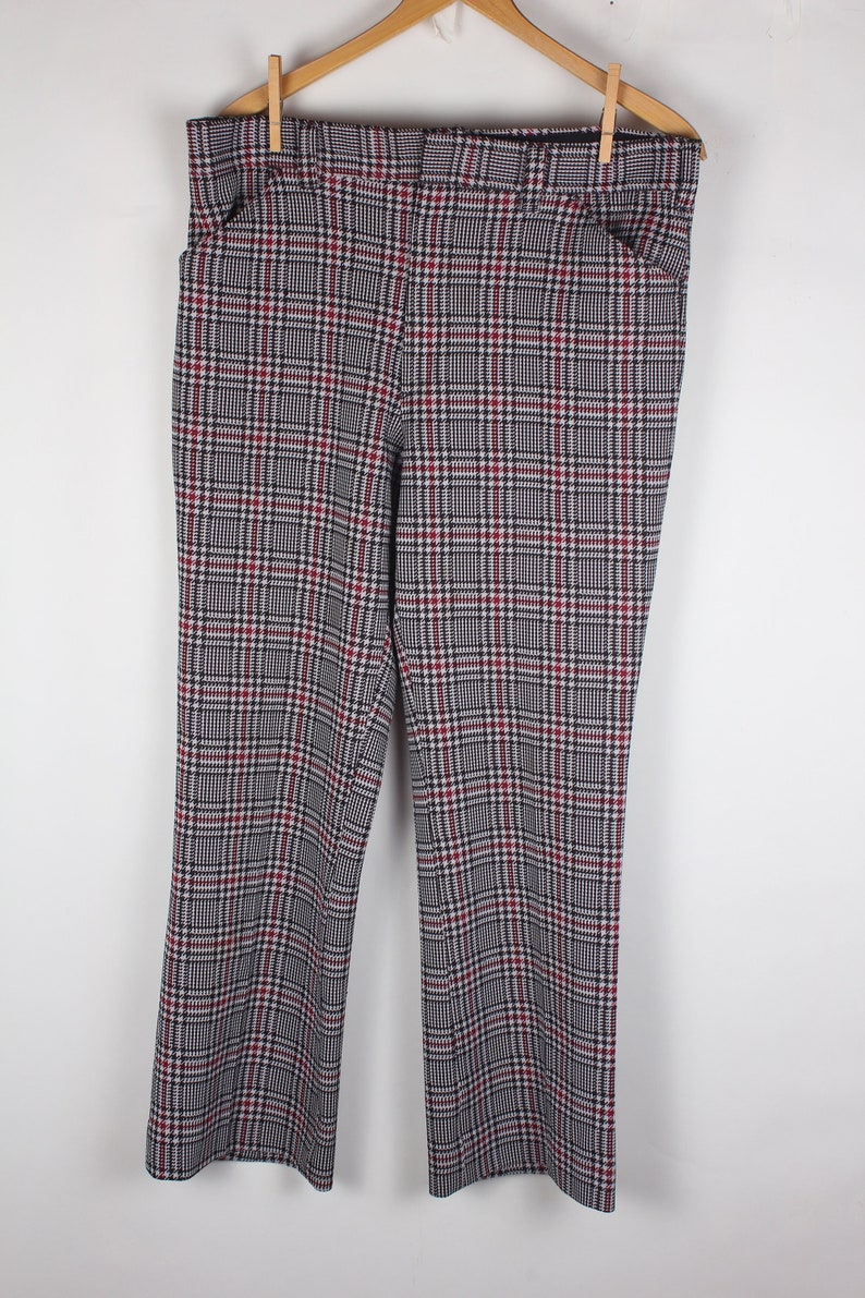 Vintage Mens 1970's Era Black Red Plaid Polyester Leisure Pants Lee Brand 36 x 28 image 1