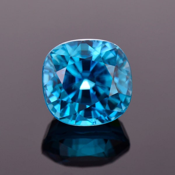 Excellent Electric Blue Zircon Gemstone from Cambodia, 3.98 cts., 7.8x7.4 mm., Cushion Cut