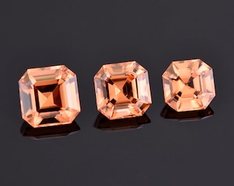 SALE! Gorgeous Peach Orange Zircon Gemstone Set from Tanzania, 8.89 tcw., 8, 7.5, 7 mm., Asscher Cuts