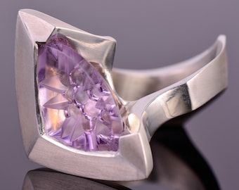 SALE! Outstanding Amethyst Fantasy Ring, Handmade Sterling Silver Sculpture Setting, 14.50 cts., Ring Size 7