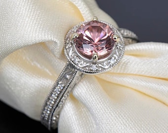 Gorgeous Rose Pink Zircon and Diamond Scroll Ring in 14kt White Gold 1.95 tcw.