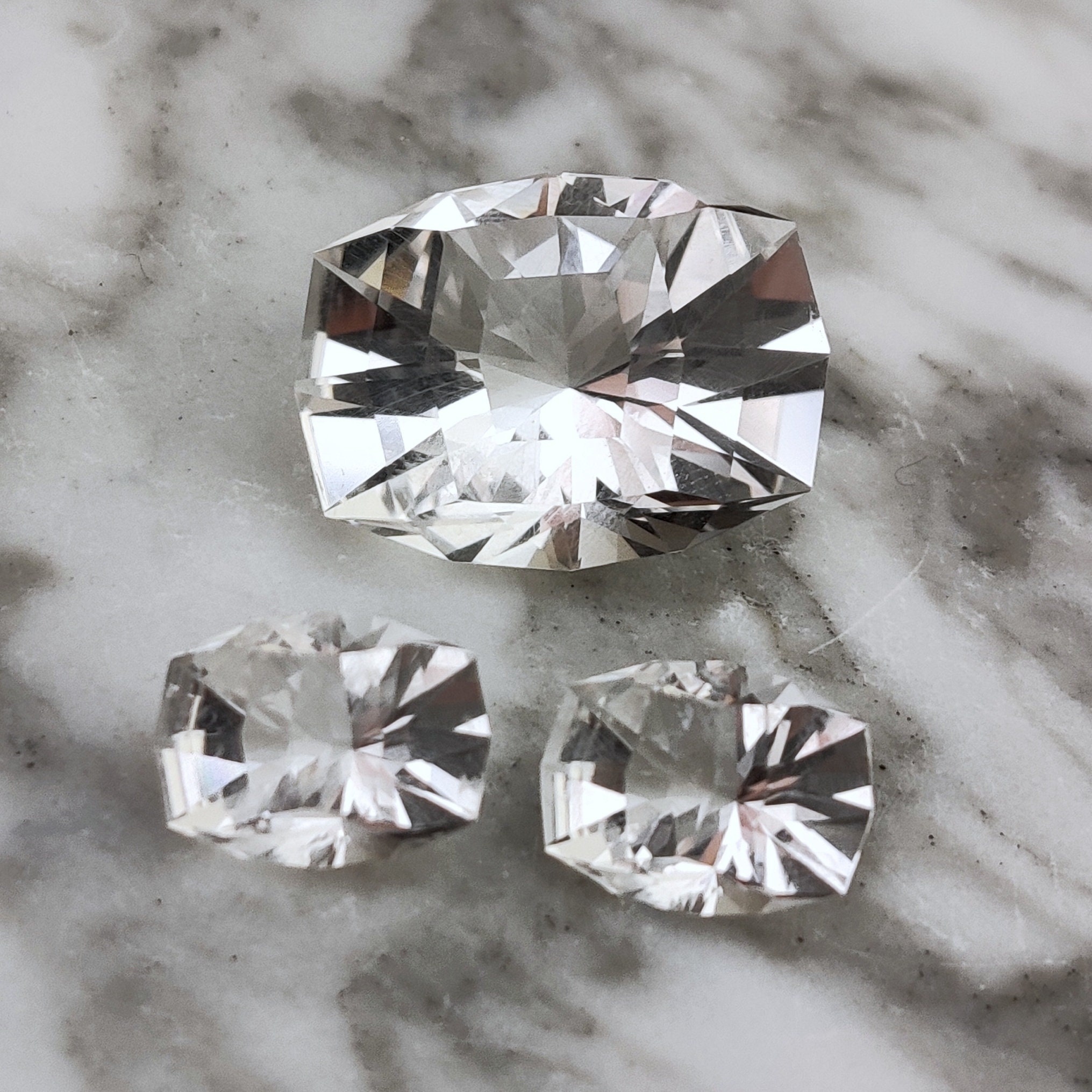 Brilliant Custom Cut Colorless Quartz Matched 3 Gem Set from Brazil