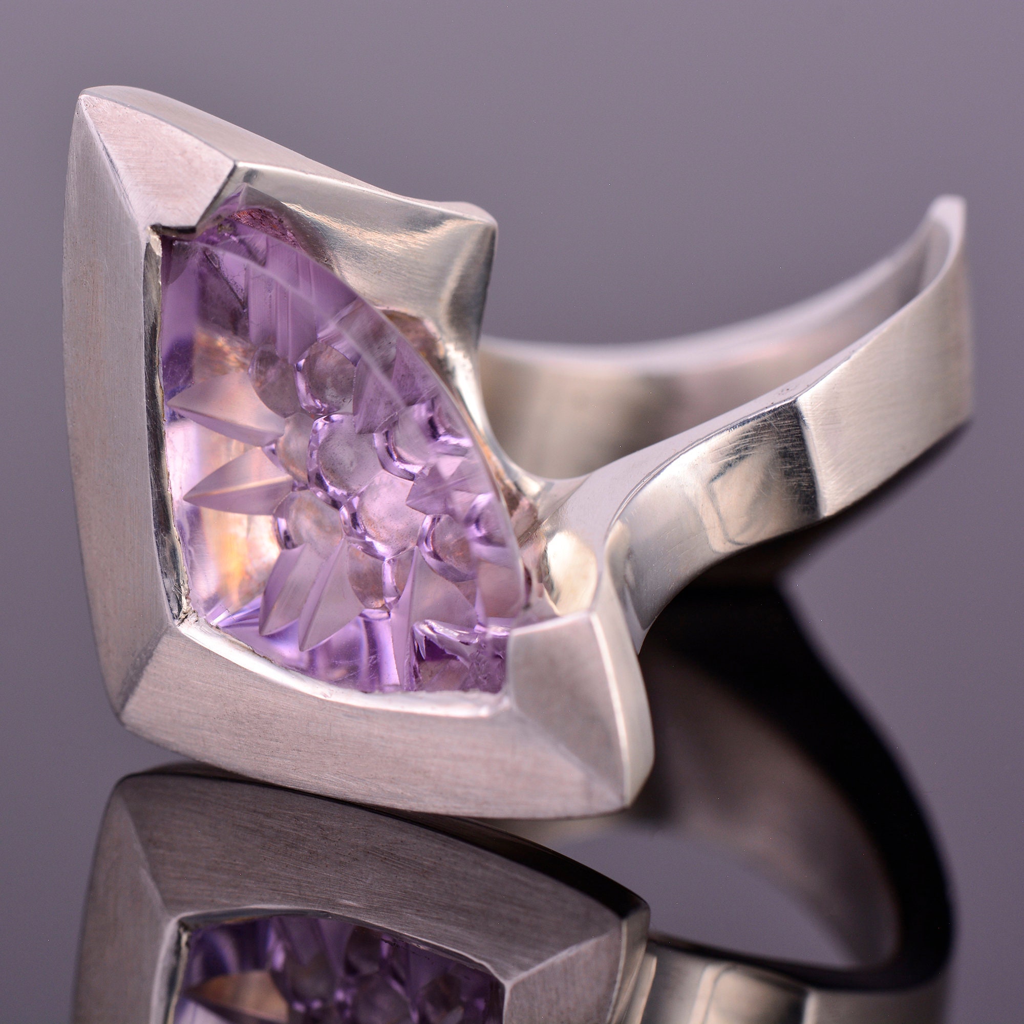 Outstanding Amethyst Fantasy Ring, Handmade Sterling Silver Sculpture