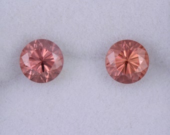 Brilliant Peachy Pink Zircon Gemstone Match Pair, 2.86 tcw., 6 mm., Round Brilliant Cut