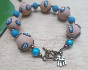 Caribbean Heishi Eye Polymer Clay Bracelet, Handmade One-of-a-Kind Turquoise and Beige matte Beads