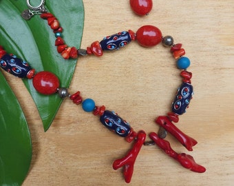 Red Coral Reef and Kashmiri Blue Lac Bead Necklace and Earrings Set, Handmade,