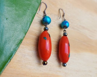 Fun Tropical Orange and Turquoise Polymer Clay Earrings, Lightweight, Handmade and Handcrafted One-of-a-Kind