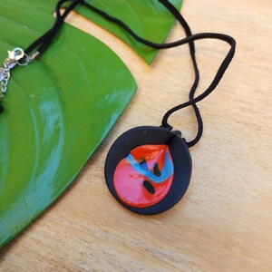 Tomato Red and Black Teardrop Polymer Clay Pendant Necklace, Handmade