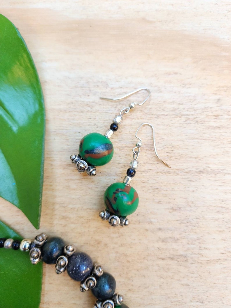 Green Moon Bracelet & Dangle Fish hook wire Earrings Set, Handmade and Handcrafted Polymer Clay image 3