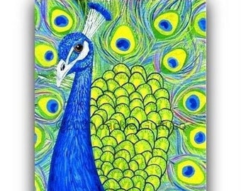 Peacock painting art print 5 x 7, Giclee, Colorful collage art, Acrylic, Bright colored bird art