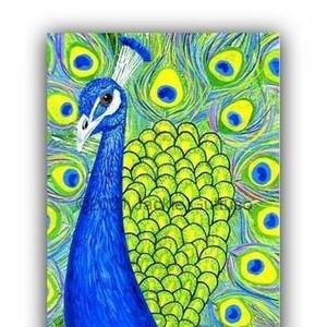 Peacock painting art print 5 x 7, Giclee, Colorful collage art, Acrylic, Bright colored bird art