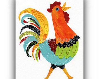 Colorful rooster art print, 5 x 7 Giclee, Collage, Chicken art, Acrylic painting print, Farmhouse kitchen, Farm animal nursery, Rooster gift