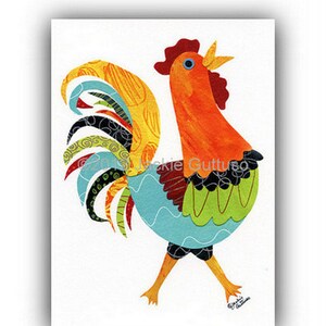 Colorful rooster art print, 5 x 7 Giclee, Collage, Chicken art, Acrylic painting print, Farmhouse kitchen, Farm animal nursery, Rooster gift image 1