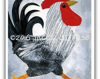Rooster collage art print, 8 x 10" Giclee, Farm nursery art, Farm animal art, Whimsical rooster gift, Acrylic painting print, Chicken decor