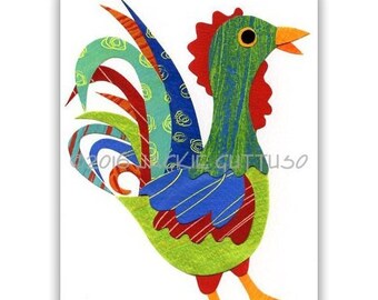 Colorful rooster collage art, Giclee print 5 x 7", Acrylic chicken, Farm animal nursery decor, Whimsical bird, Bright rooster kitchen art