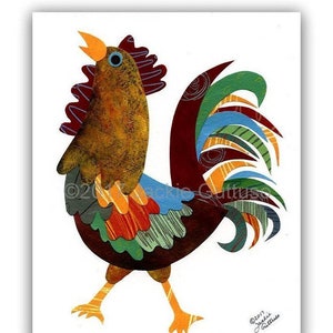 Rooster art print 8 x 10&quot;, Giclee, Rooster collage art, Farm animal art, Chicken decor, Colorful rooster kitchen art, Acrylic painting print