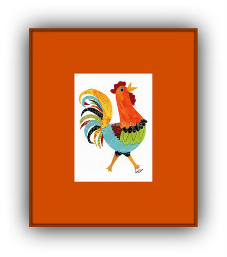 Colorful rooster art print, 5 x 7 Giclee, Collage, Chicken art, Acrylic painting print, Farmhouse kitchen, Farm animal nursery, Rooster gift image 7