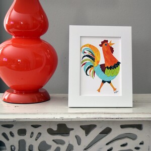 Colorful rooster art print, 5 x 7 Giclee, Collage, Chicken art, Acrylic painting print, Farmhouse kitchen, Farm animal nursery, Rooster gift image 5