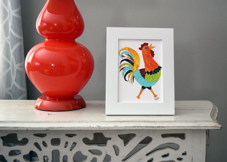 Colorful rooster art print, 5 x 7 Giclee, Collage, Chicken art, Acrylic painting print, Farmhouse kitchen, Farm animal nursery, Rooster gift image 5