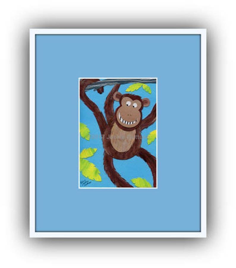 Acrylic monkey painting print 5 x 7 Giclee Jungle animal nursery decor Whimsical brown monkey Safari animal collage art Monkey collage