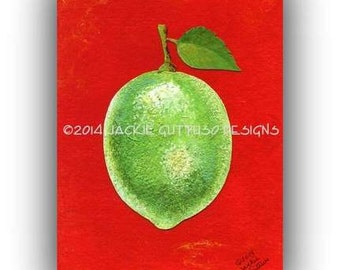 May include: A green lime with a single leaf on a red background. The lime is painted in a realistic style with subtle shading and texture. The background is a solid red with a slight texture.