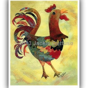 May include: A colorful rooster illustration with a red, yellow, blue, and green color scheme. The rooster is standing on a yellow background with a light brown watercolor wash.