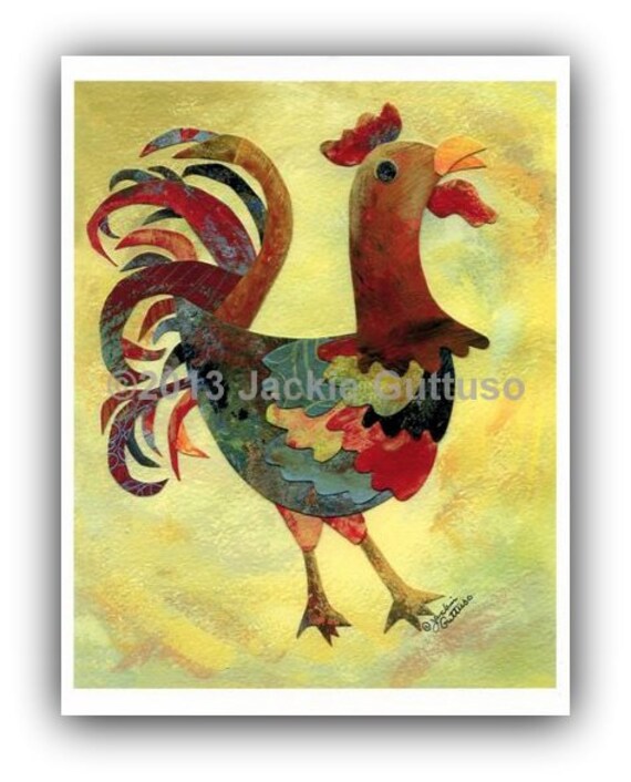 8 x 10" Acrylic rooster painting print, Giclee, Collage, Farm kitchen rooster wall art, Whimsical chicken decor, Farm animal nursery art