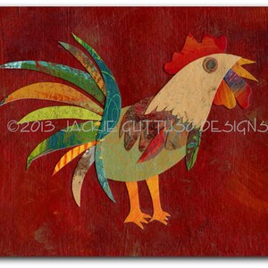5 x 7" Whimsical rooster art print, Giclee, Collage, Rustic farmhouse chicken decor, Farm animal nursery art, Acrylic rooster painting print bild 1