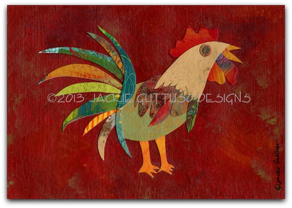 5 x 7" Whimsical rooster art print, Giclee, Collage, Rustic farmhouse chicken decor, Farm animal nursery art, Acrylic rooster painting print