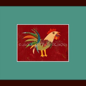 5 x 7" Whimsical rooster art print, Giclee, Collage, Rustic farmhouse chicken decor, Farm animal nursery art, Acrylic rooster painting print bild 3