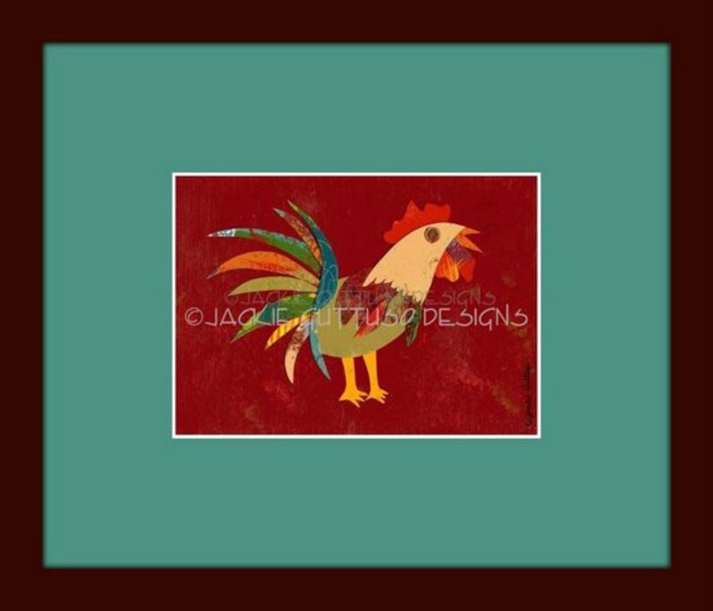 5 x 7" Whimsical rooster art print, Giclee, Collage, Rustic farmhouse chicken decor, Farm animal nursery art, Acrylic rooster painting print bild 3