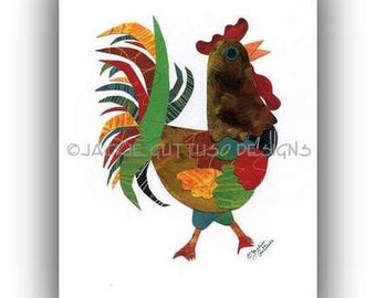 5 x 7" Pintura de gallo Impresión Giclee, Arte de collage de gallo, Arte de pared de cocina de gallo, Arte de pollo, Arte de vivero de animales de granja, Decoración de granja