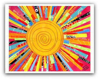 Colorful sun wall art print, 8 x 10 Giclee, Gift under 30, Colorful kitchen, Collage, Acrylic painting, Bright colored nursery art, Playroom