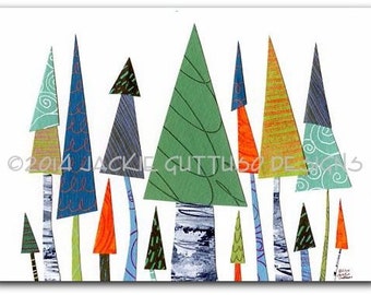 Colorful Christmas tree art print, 5 x 7" Collage, Giclee, Modern holiday art, Bright, Whimsical trees, Acrylic painting print, Nursery art