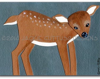 Baby deer nursery art print, 5 x 7" Giclee, Woodland nursery art, Animal collage art, Acrylic painting print, Forest animal decor