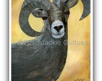 May include: A close-up of a bighorn sheep with large, curled horns. The sheep is looking directly at the viewer with a curious expression. The background is a soft yellow watercolor wash.