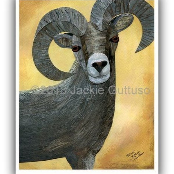 Bighorn sheep art print 8 x 10" giclee, Acrylic ram collage, Southwestern animal nursery art, Mountain animal, Cabin woodland art, Wildlife