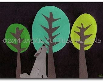 Howling wolf collage art print 5 x 7" Giclee, Woodland nursery art, Southwestern animal art, Cabin art, Forest animal decor, Whimsical trees