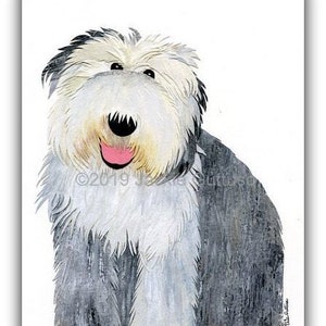 Old English sheepdog, 8 x 10&quot;  Giclee art print, Sheepdog collage art, Acrylic dog painting print, Animal collage illustration, Dog gift