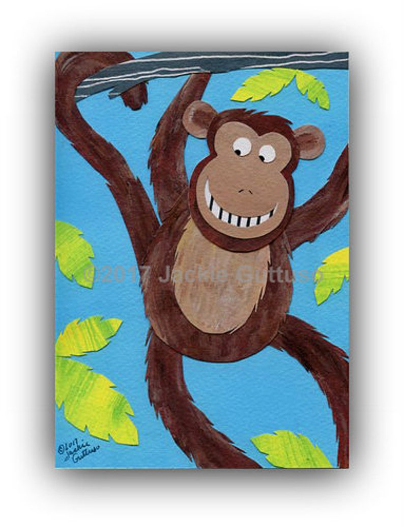 Acrylic monkey painting print 5 x 7 Giclee Jungle animal nursery decor Whimsical brown monkey Safari animal collage art Monkey collage