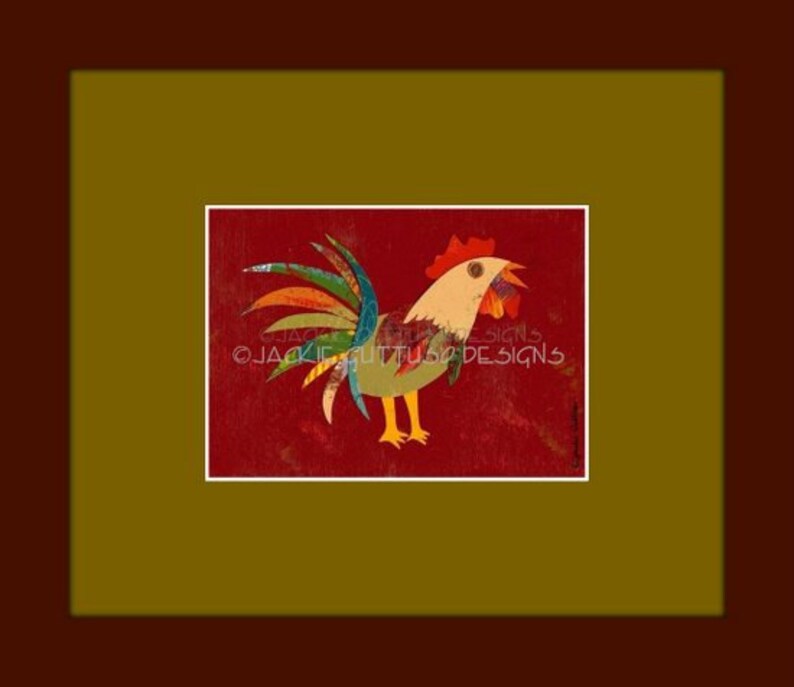 5 x 7" Whimsical rooster art print, Giclee, Collage, Rustic farmhouse chicken decor, Farm animal nursery art, Acrylic rooster painting print bild 2