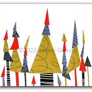 Whimsical Christmas tree art print, 5 x 7&quot; Giclee, Modern holiday decor, Christmas tree, Acrylic painting print, Collage, Gift under 30