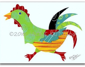 Colorful rooster art, 5 x 7" Giclee, Collage, Whimsical chicken art, Farm nursery art, Farm animal